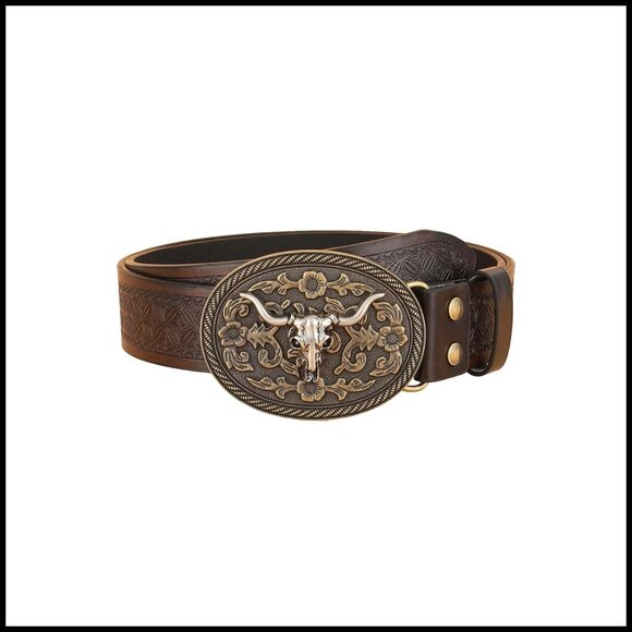 Retro Western Belt Metal Buckle Faux Leather Floral Waist Accessory
